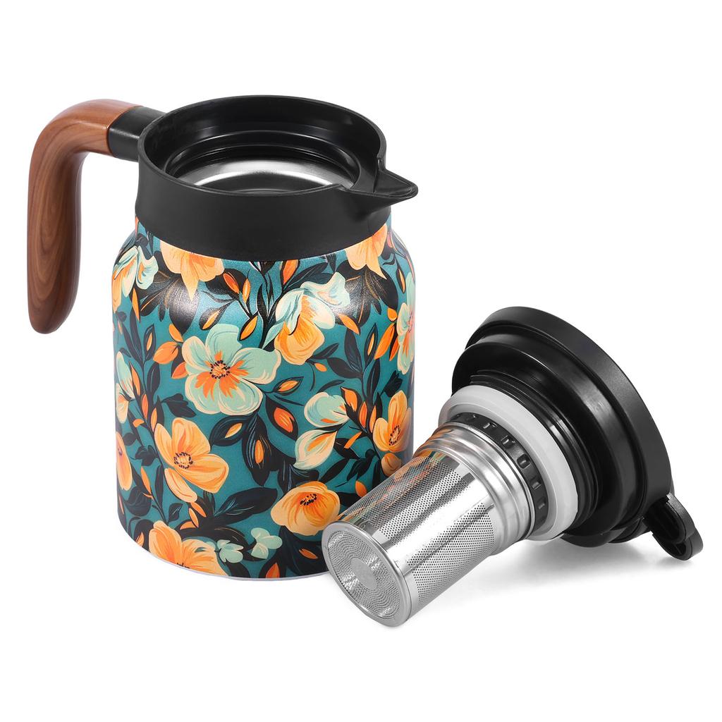 1000ML/33.82Oz Insulated Teapot Stainless Steel Teapots with Removable Infuser Vintage Flower Pattern Tea Kettle for Home Office