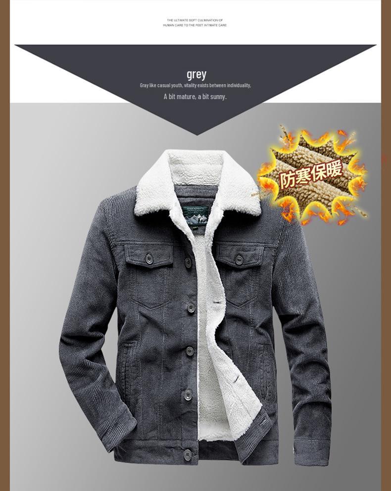 Men's Retro Corduroy Lambswool Jacket - Thickened, Fleece-Lined Cotton-Padded Coat for Autumn and Winter.