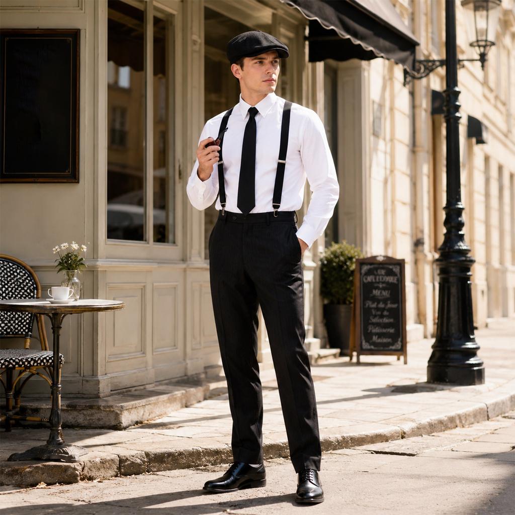 Ensemble de costume de fête rétro britannique pour homme avec haut-de-forme, pipe, montre de poche, barbe, cravate, gilet et nœud papillon