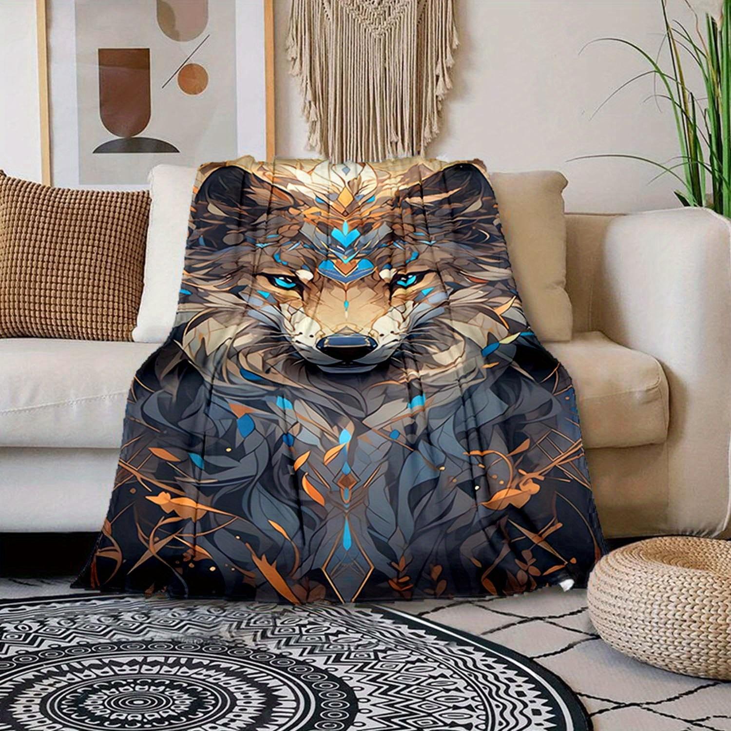 1pc Cozy Wolf Print Blanket Flannel Blanket For Sofa, Bed, Travel, Camping, Living Room, Office, Couch, Chair 130cmx150cm