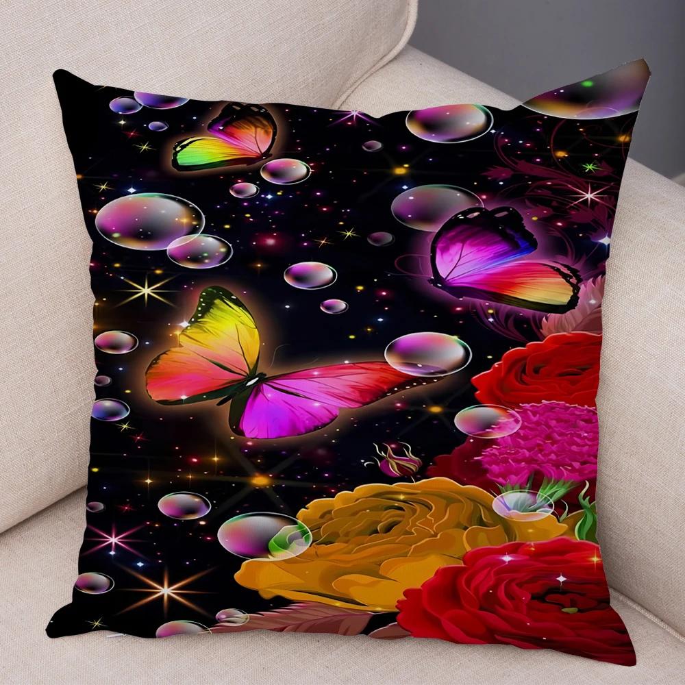 Tecknad Blomma Fjäril Djur Kuddfodral Dekor Blomma Kuddfodral för Soffa Hem Bil Fantasi Skog Mjuk Plysch Kuddfodral