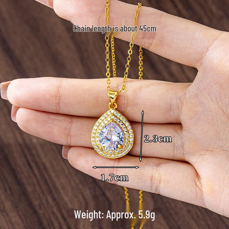 Elegant Zircon Teardrop Ring & Vietnam Sand Gold Necklace Set - Stylish, Durable, Non-Fading Jewelry for Women