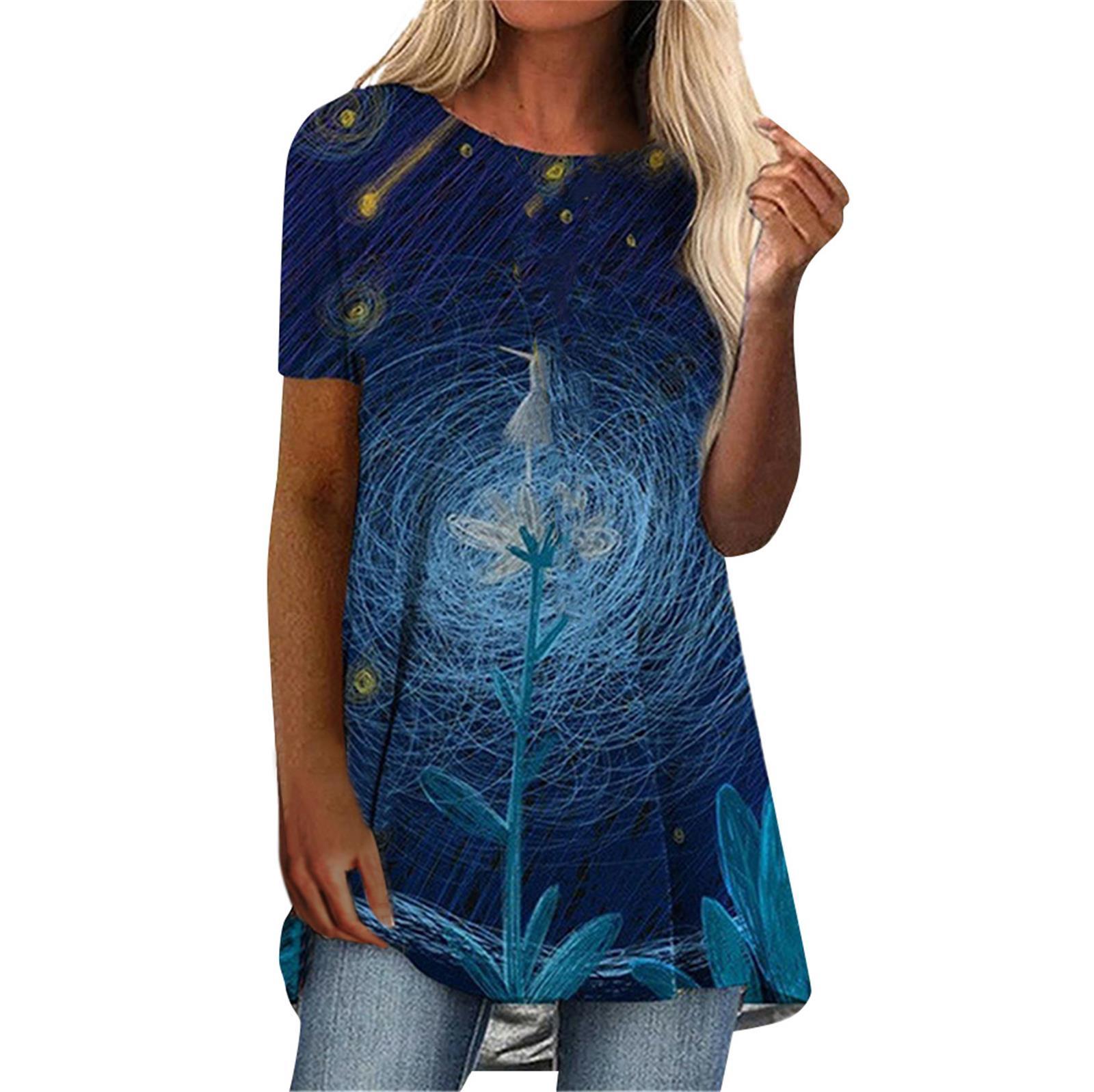 

(SU)Модная женская летняя повседневная пляжная ретро свободная футболка с круглым вырезом и короткими рукавами с этническим принтом, топы