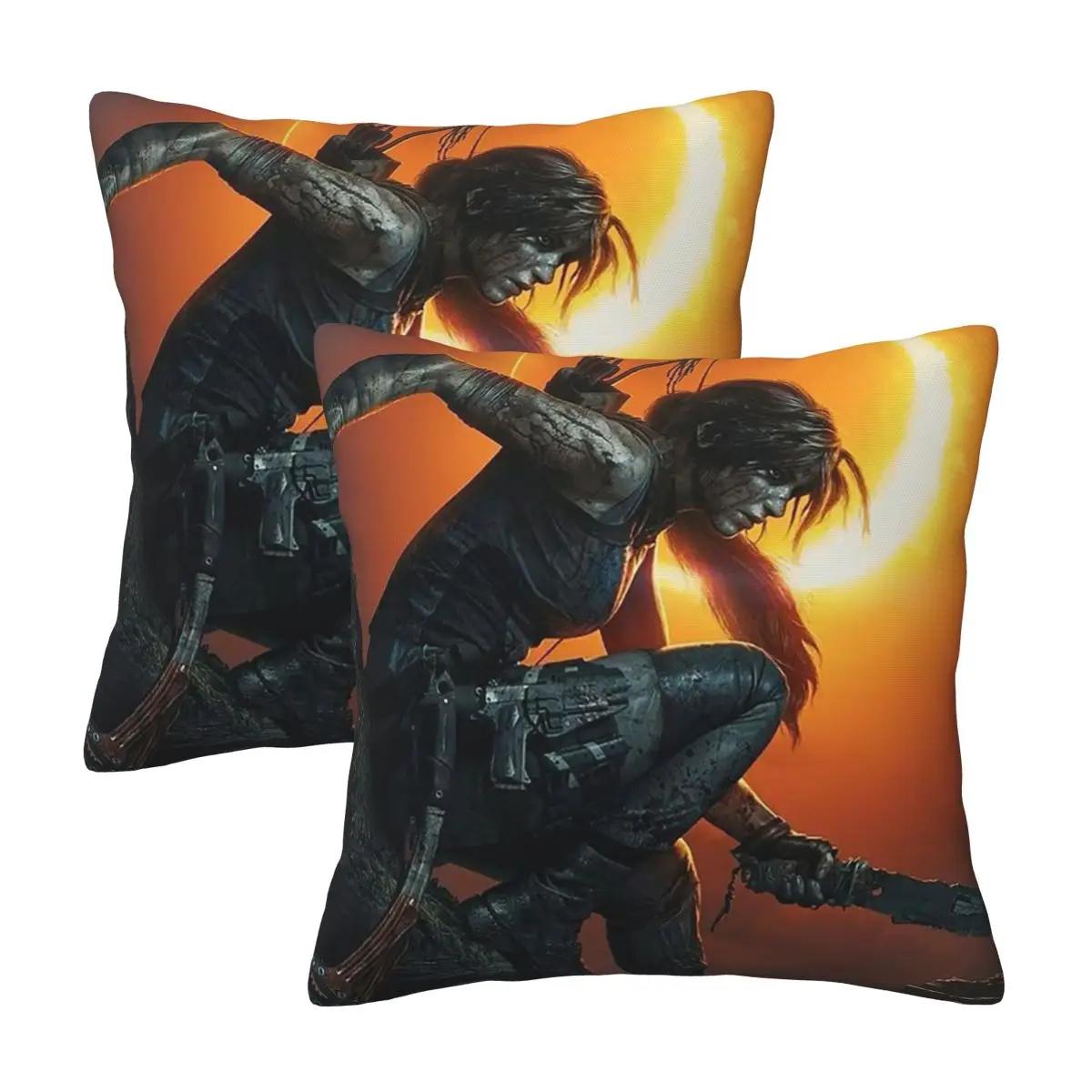 Tomb Raider Lara Croft Games Angelina Jolie Gaming Rise Reboot Croft Manor 2 Pcs Square Pillowcase Pillow Cover Throw Pillow Peach skin 18*18(CM)-2Pcs