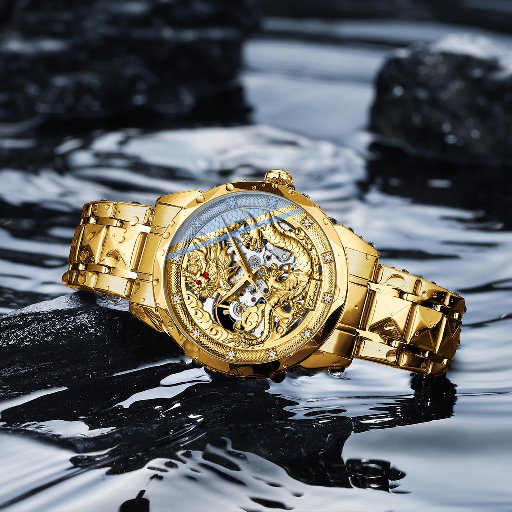 Luxury Men's Dragon Pattern Luminous Embossed Hollow Mechanical Watch High-End Business Gift Automatic Wristwatch