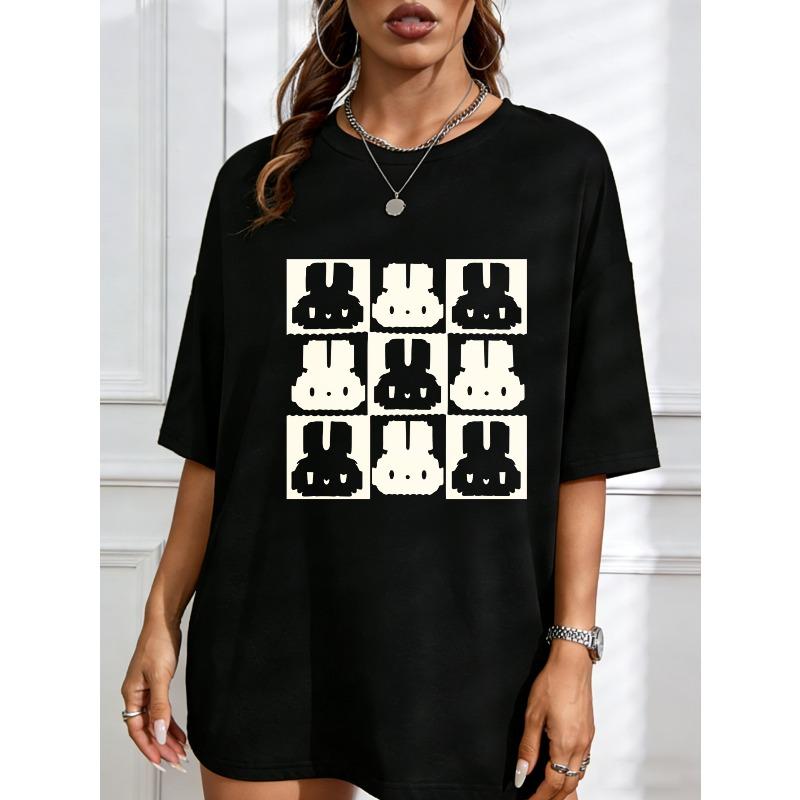 

White T Shirt With Rabbit Pattern Print For Casual Wear XXXXL чорний