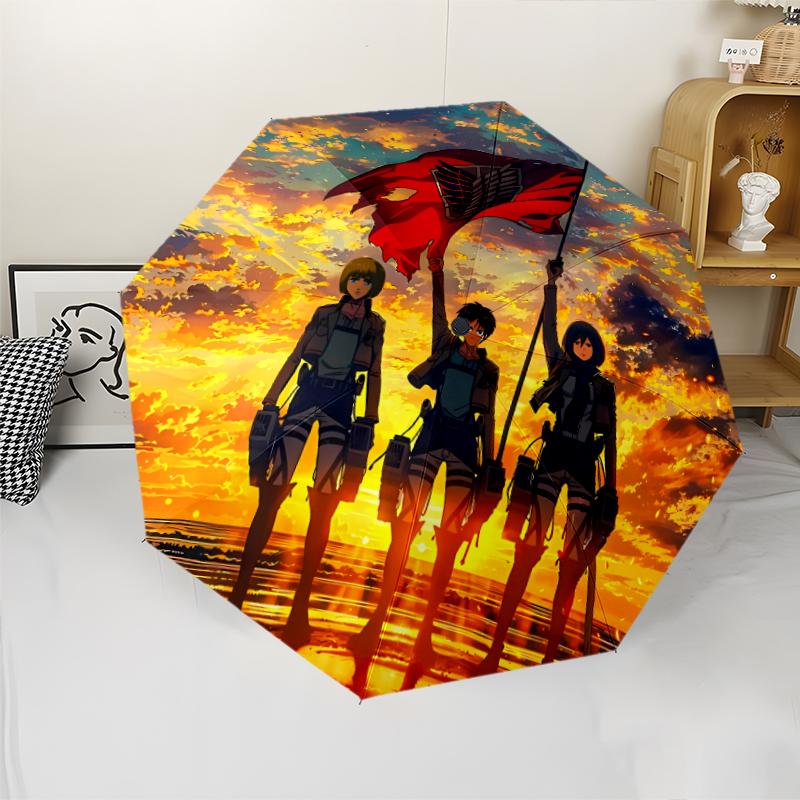 Attack On Titan Print Automatic Umbrella, 8 Rib Iron Frame, Plastic Handle, Suitable for Outdoor Travel &Daily , Ideal Gift