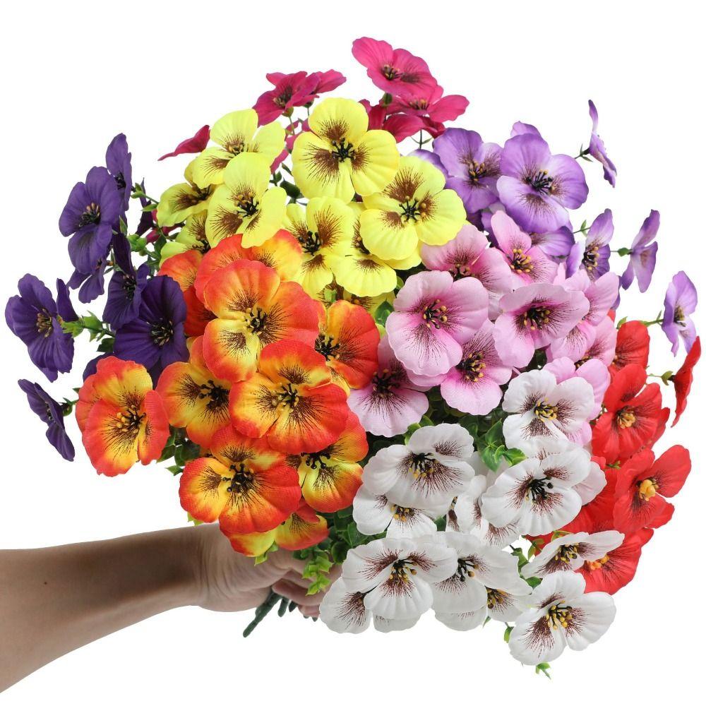 Plastic Artificial Pansy Flowers 7 Fork Reusable Fake Flowers Eucalyptus Leaves Tricolor Violet Faux Pansy Flowers Wedding Party