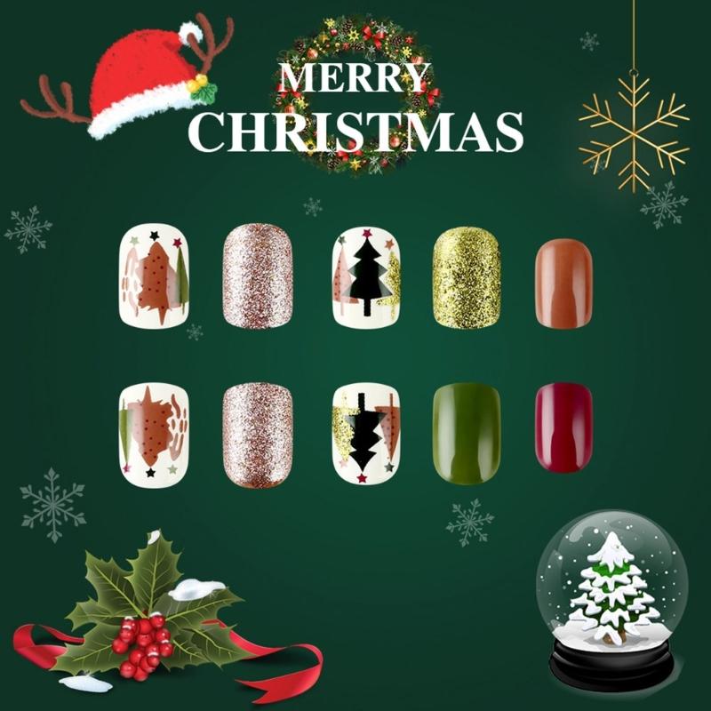 24 Pcs Full Cover Stick on Nails Christmas Press On Nails Artificial Nails Short False Nails with Christmas Tree Designs