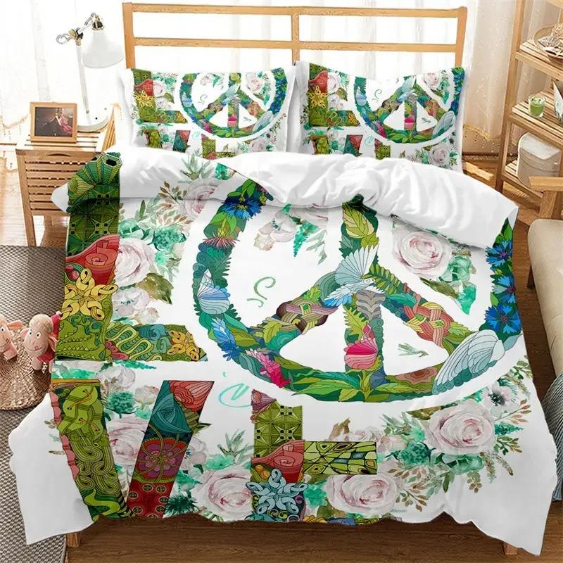 3D Hippie Peace Symbol Colorful Pattern Chic Exotic Flower Comfortable Duvet Cover Pillowcase Bedding Set Children Home Textile
