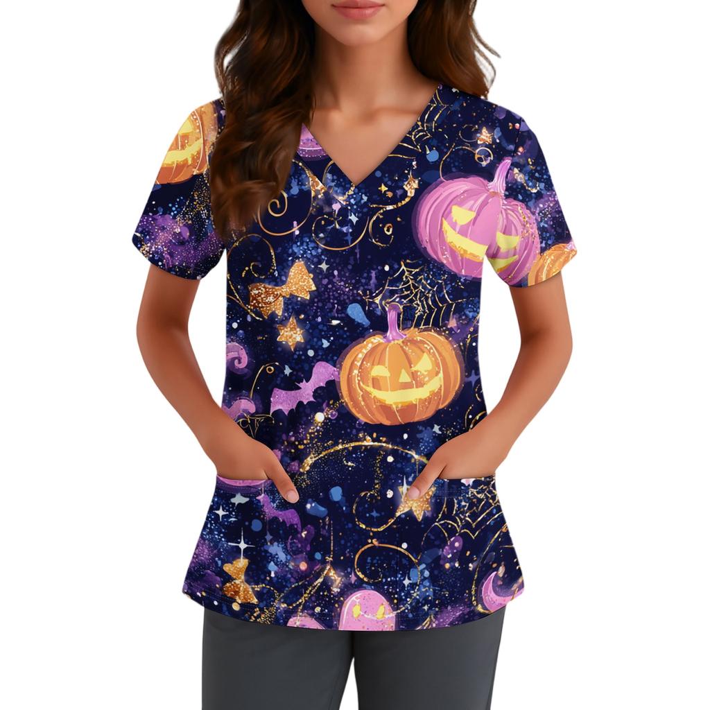 Women V Neck Short Sleeve Work Top with Pocket Halloween Print Scrub Shirt for Healthcare and Service Professionals