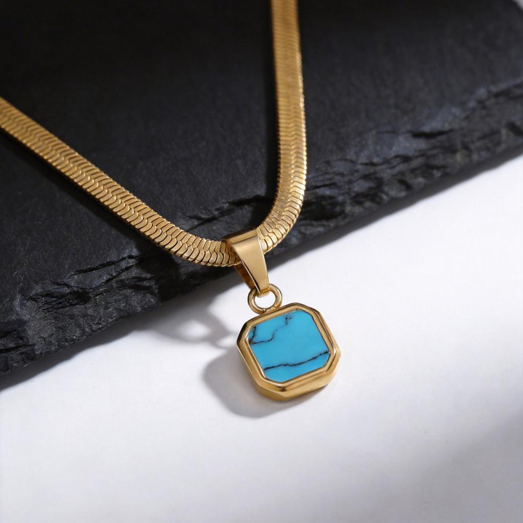 Geometric Square Natural Stone Pendant Necklace for Men, Gold Silver Color Stainless Steel Blade Chain, Trendy Jewelry Gift