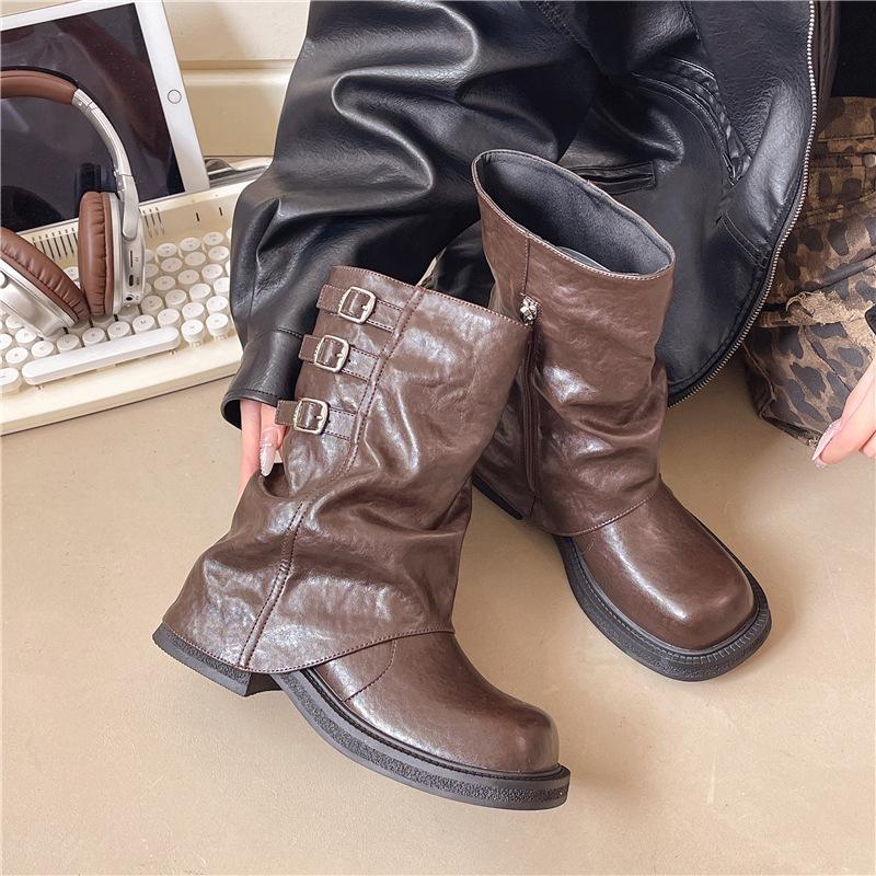 Brown retro trouser boots women's 2025 new autumn thick-soled heightening small knight boots temperament short boots