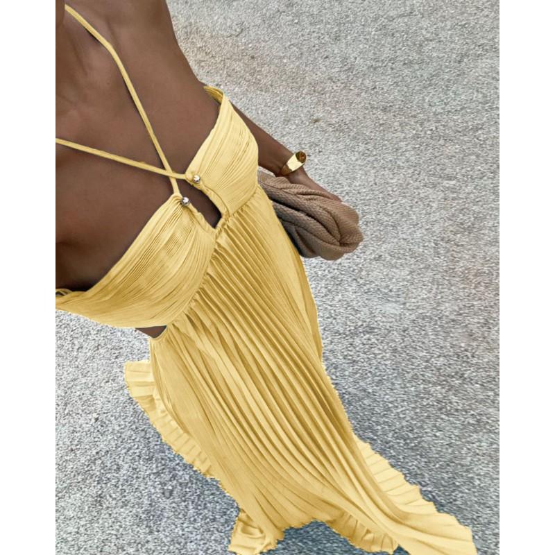 2025 Solid Color Ruched Strapless Sleeveless Maxi Dress Women Elegant Office Wear Loose Fit High Waist
