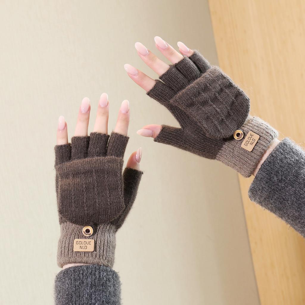 Camel wool knitted gloves women's autumn and winter warm outdoor antifreeze full finger gloves piled and thickened