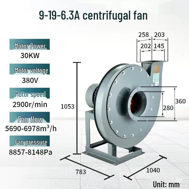 High-Pressure 9-19 Centrifugal Fan Blower 380V for Exhaust, Material Conveying, Pellet Blowing, and Industrial Draft.