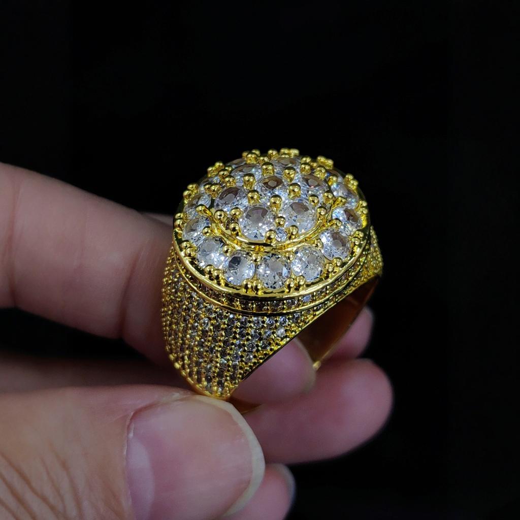 Exaggerated and Domineering Copper Zircon Flower Diamond Ring, European and American Hip-hop and Rap Trendy Men's Ring
