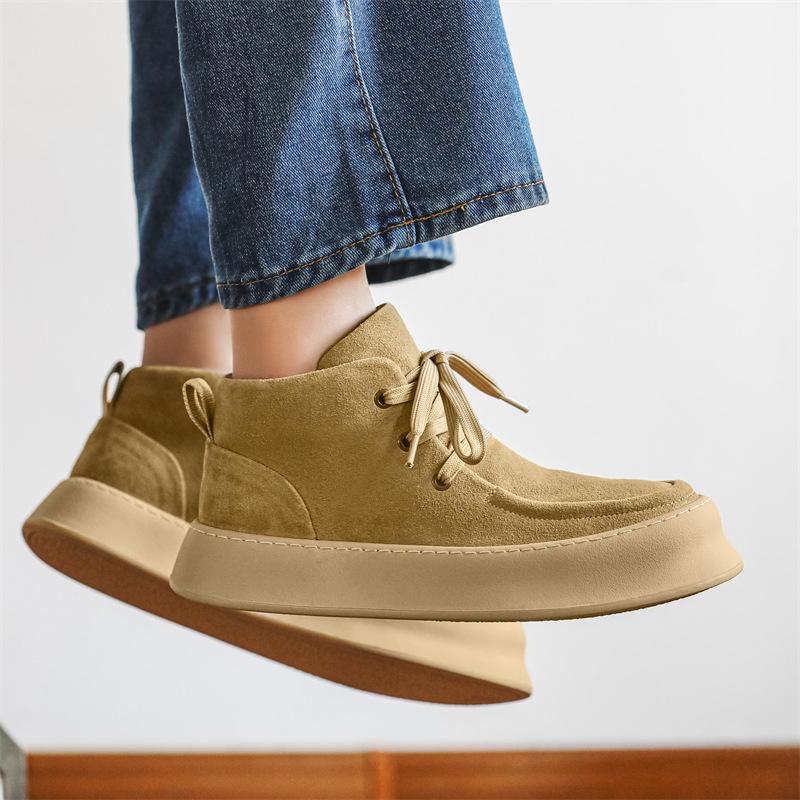 Casual shoes 2026 autumn and winter leather thick soled high top shoes for men with plush lace up workwear shoes