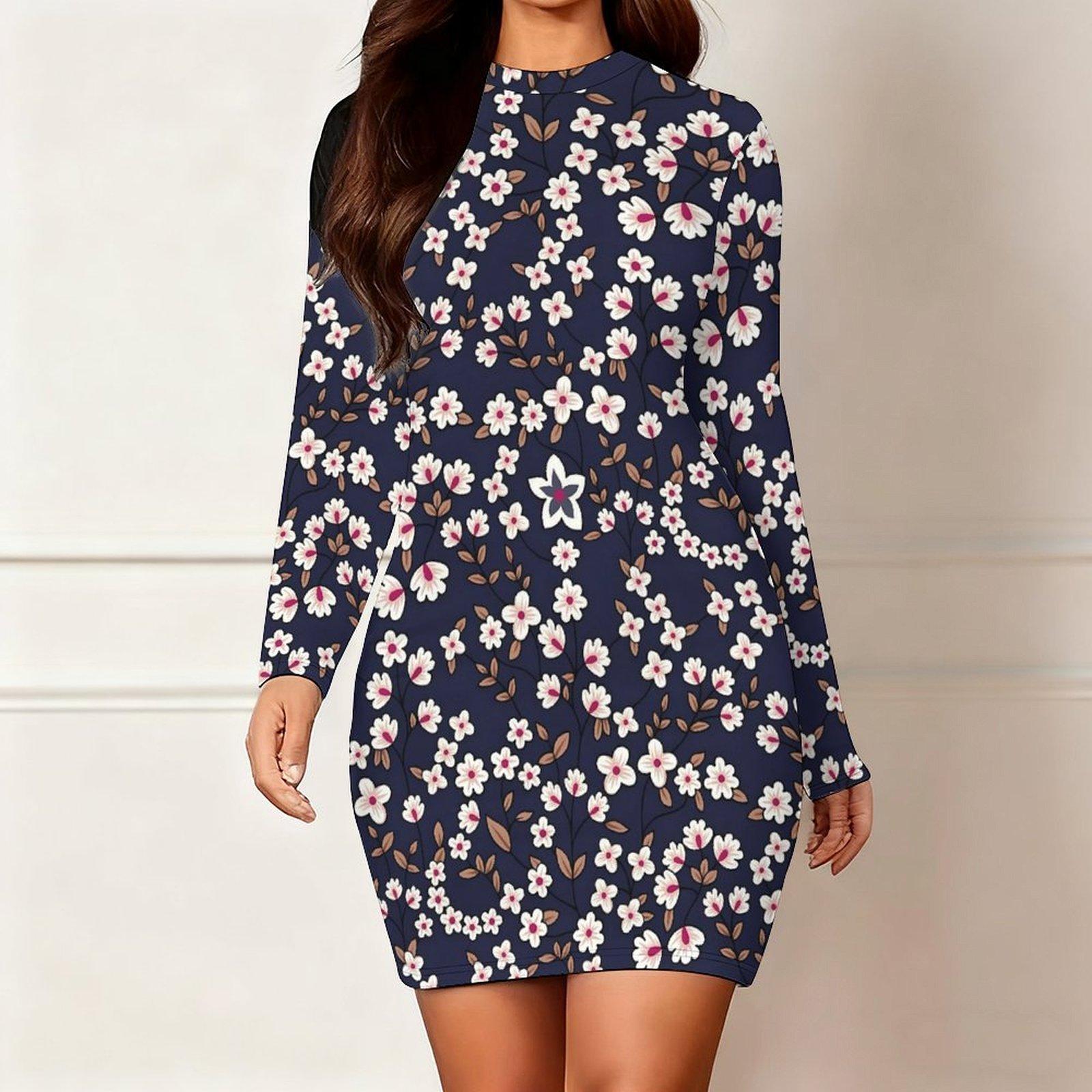 

2025 Осінньо-зимовий Новий Жіночий Модний Плаття з Довгим Рукавом та Круглим Вирізом, що Облегає Стегна, з 3D Квітковим Принтом та Фарбуванням, Обмежена Серія до Дня Святого Валентина XXL темно-синього кольору