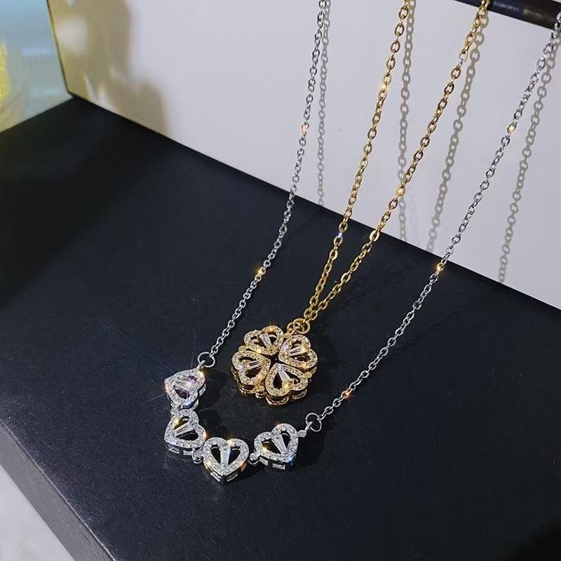 1pc Heart Shaped Four Leaf Clover Pendant Necklace Jewelry Zircon Women Love Clavicle Chain Gifts Openable ChokerJewelry