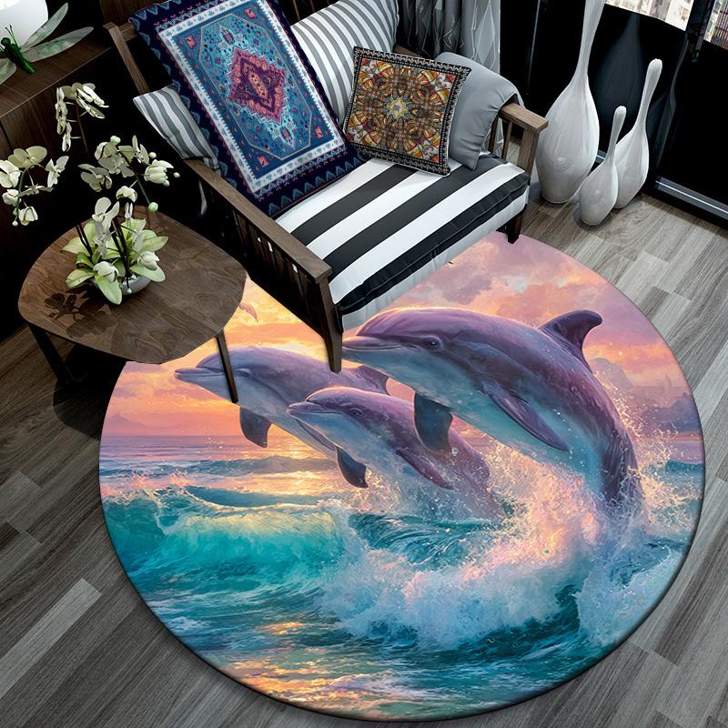 Dolphins Round Area Rug,Carpet Rug for Living Room Bedroom Sofa Playroom Decor,Non-slip Floor Mat