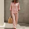 European and American cross-border foreign trade women's new casual button V-neck ruffle edge seven-quarter sleeve top and trousers two-piece set