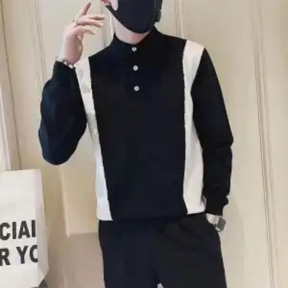 

Корейская повседневная простота, красивый геометрический пуловер, свободный, эластичный, удобный, приятный к коже, мужская рубашка поло, осень-зима 2024 L чёрный