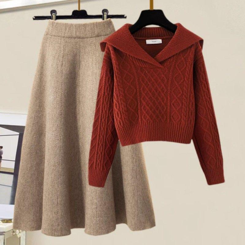 Petite Two-Piece Set: Peter Pan Collar Cable Knit Sweater + High-Waisted A-Line Knit Midi Skirt, Autumn/Winter Style.