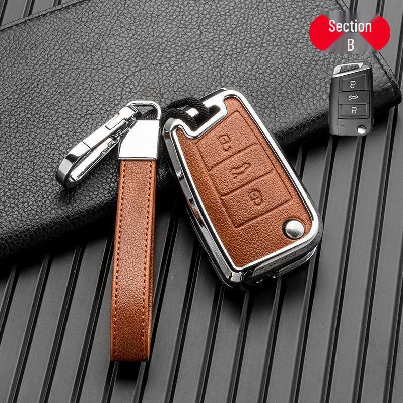 Volkswagen/Skoda Double-Sided Leather Zinc Alloy Car Key Case - Non-Signal Blocking, Full-Wrap Design