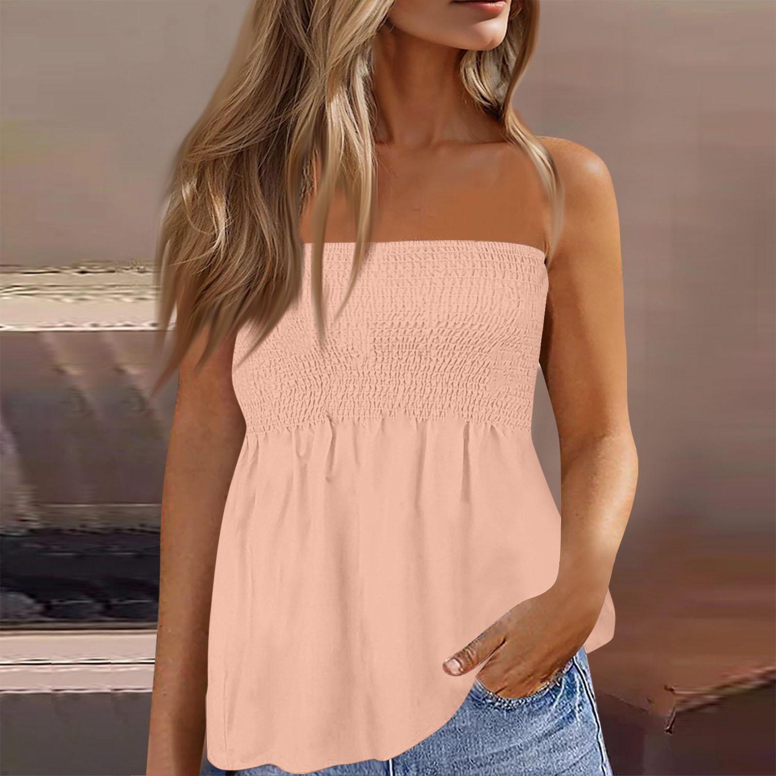 Women s Strapless Smocked Tube Top Summer Casual Off-Shoulder Sleeveless Blouse for Beach, Party, Vacation Wear L бежевый