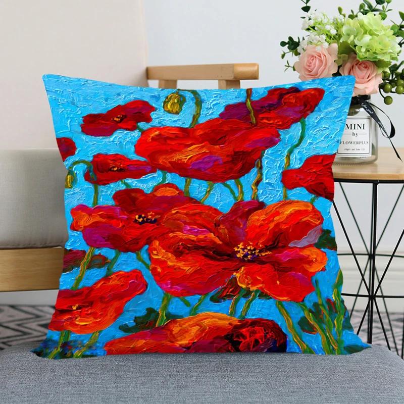Rote Mohnblume Kissenbezug Schlafzimmer Heimdeko Schönes Geschenk Quadratisch Weich