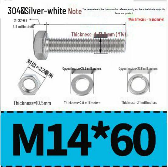 304 Stainless Steel Hex Head Bolt and Nut Set M6-M14, Lengths 8-100mm