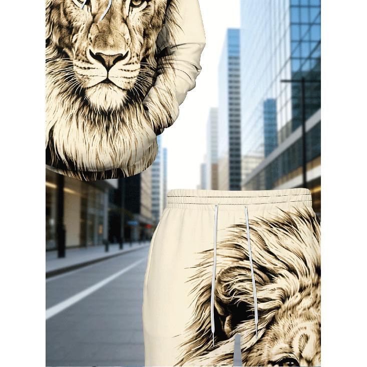 Men'S Casual Sportswear Set Featuring a Lion Print Hoodie And Pants, Perfect for Spring And Autumn. This Loose-Fitting Two-Piece Tracksuit Is Ideal