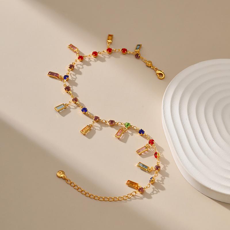 Gold Plated Multi-Color CZ Charm Anklet With Extension Chain