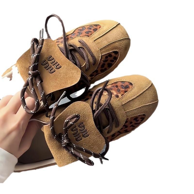 Leopard Print Inner Height Increase German Training Shoes Women's 2025 New Autumn Leather Retro Forrest Gump Shoes Versatile Sports and Leisure B
