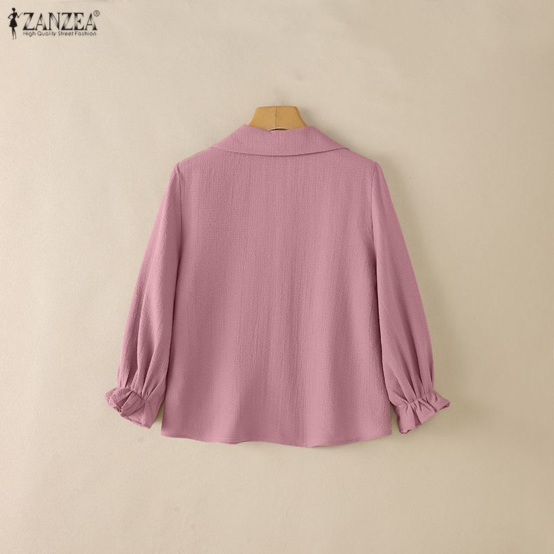ZANZEA Women Casual Turn Down Collar Solid Color Loose 3/4 Sleeve Blouse