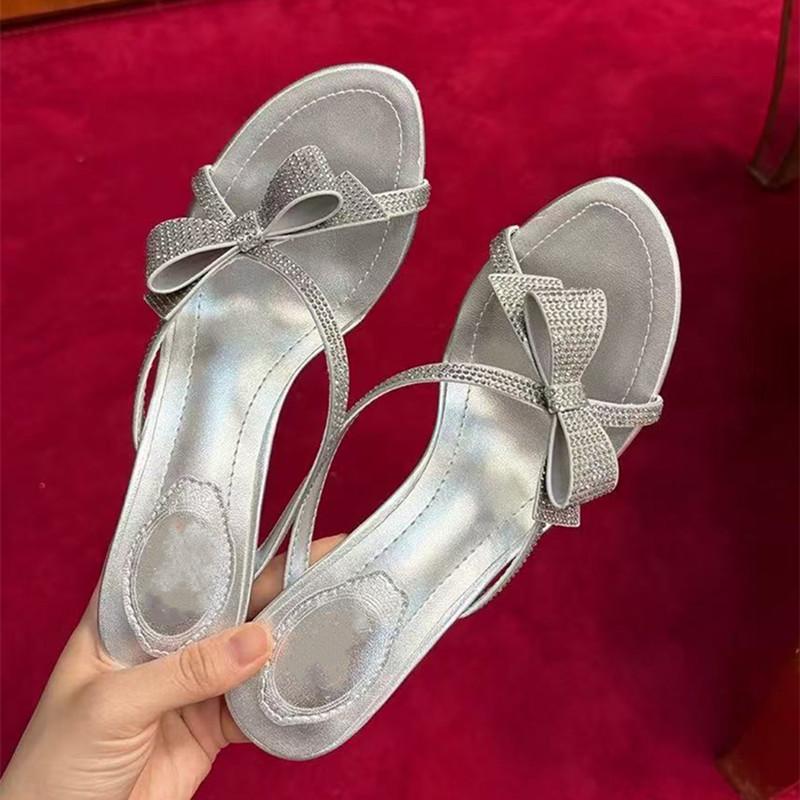 

Fashion Luxury Rhinestones Bowknot Narrow band Women Slippers Sandals Fashion Crysatl Stiletto High heels Mules Slides Summer Shoes 40 серебряный