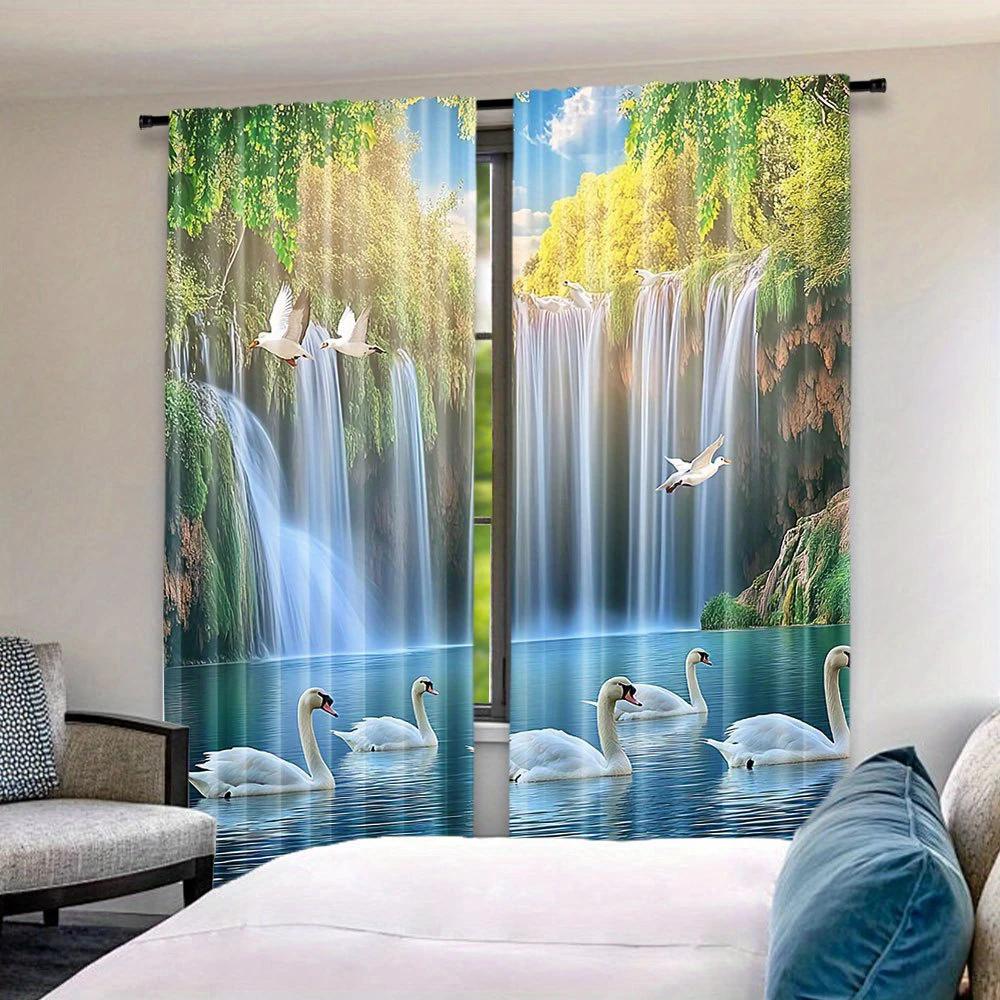 2pcs- Autumn natural forest landscape printed curtains, pole bag curtains, home decoration, room decoration