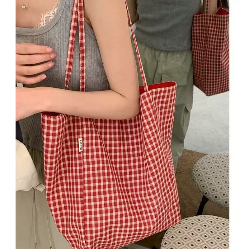 2025 New Trendy College Style Plaid Canvas Bag Female Tote Bag Casual Large-capacity Shopping Bag