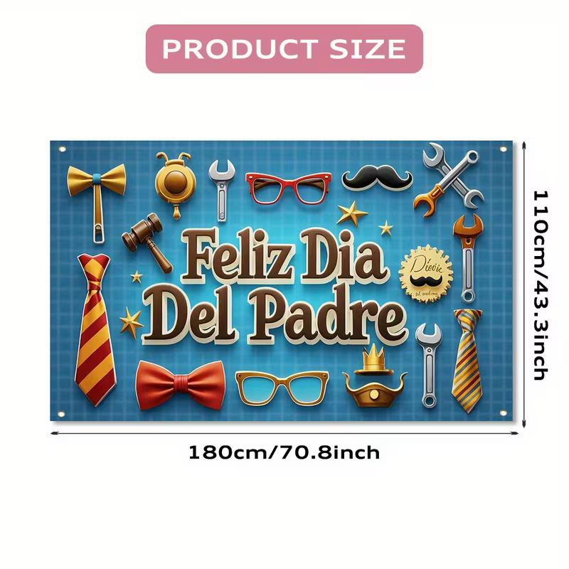 Masculine Father's Day Tapestry, Blue "Feliz Dia Del Padre" with Tools, Ties and Accessories, Festive Party Wall Art