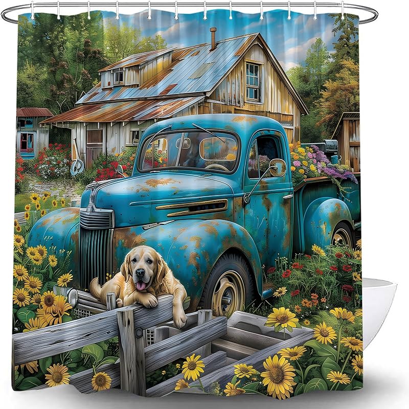 Rustic Truck Flower Shower Curtain Cute Dog Sunflower Blue Teal Truck Rustic Wooden Barn Farmhouse Vintage Retro Country Colorful Wildflower 70 WX70 L