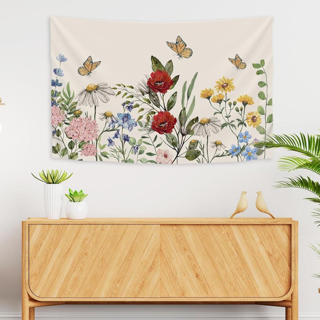 Vintage Floral Tapestry Spring Wildflower Wall Hanging Blanket Nature Botanical Decorative Tapestry For Home Bedroom Living Room