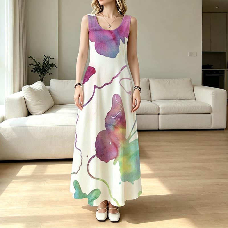 Summer Beach Maxi Dress,Sleeveless Tank Dress Butterfly Collection Watercolor Style,Soft Loose Fit,Fashion Versatile,Ideal for Vacation,Daily Outings