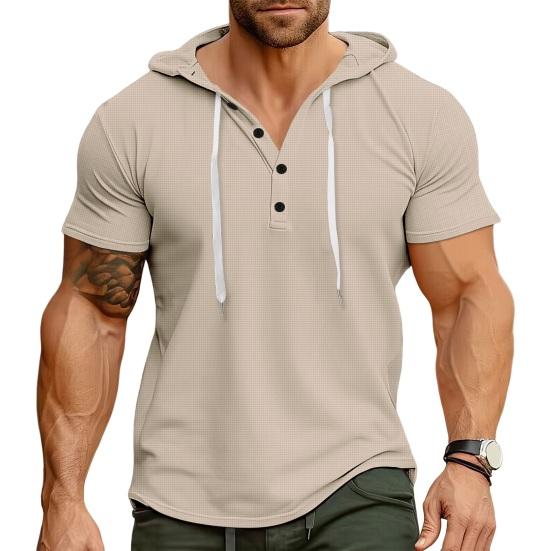 Men Top Hooded Drawstring Solid Short Sleeves Texture Pullover Waffle Color Slim Fit Casual Daily Wear Mid Length