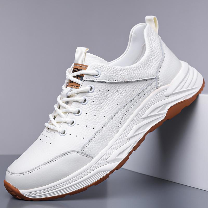 New men's casual shoes breathable first layer cowhide deodorant sports casual board shoes daily versatile white shoes genuine leather