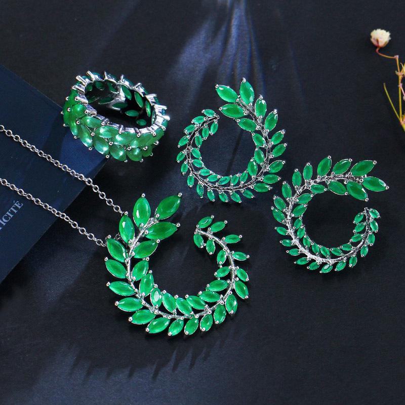 Popular Leaf Set Chain Earrings Ring Necklace Three-Piece 3A Zircon Horse Eye Earrings