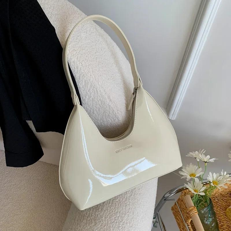 Glänzende Leder-Achseltaschen für Damen Designer-Modetaschen solide Umhängetaschen Damentaschen