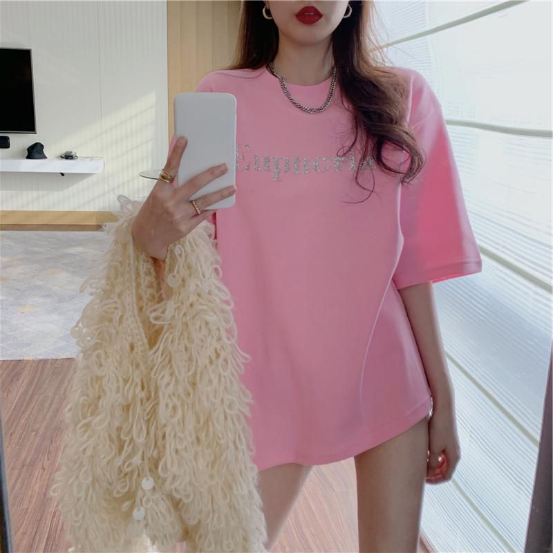 Summer Women Letter Print T-Shirt Girl Harajuku Round Neck Loose Casual Y2K White Pink Blue Tops Tees Short Sleeve Graphic T Shirts Hip Hop Streetwear