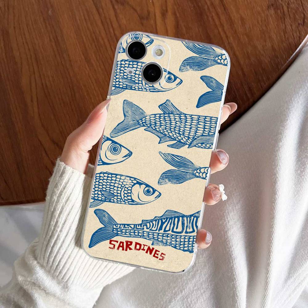Sardines Retro Art Seafood For IPhone 17 16 15 14 13 12 Mini 11 Pro Max Transparent Case