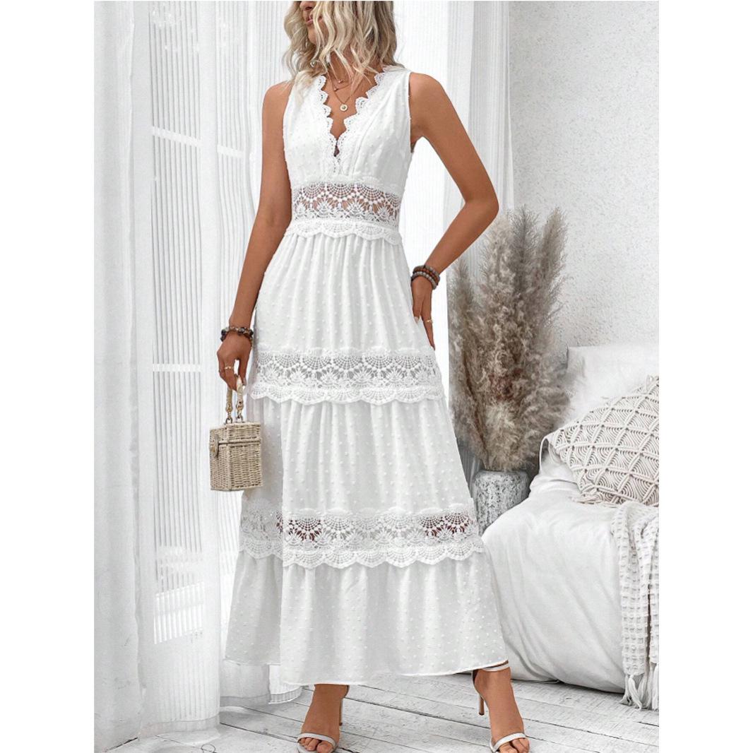 

2025 European & American Summer Women s Lace V-Neck Sleeveless Dress Large білий